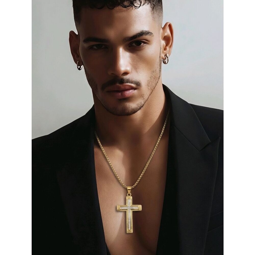 Gold Pavé Crystal Cross Pendant Necklace | Stainless Steel Faith Jewelry 23" Box